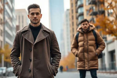 Showcasing stylish mens coats worn by a model in a vibrant urban backdrop, radiating modern fashion.
