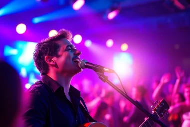 Engaging musician demonstrating music pitching at a live event amidst a dynamic audience.