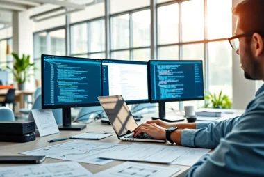 Showcasing a programmer engaged in web development at a modern workspace.