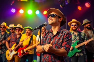 Musicians showcasing diverse bandwear styles in a vibrant performance setting.