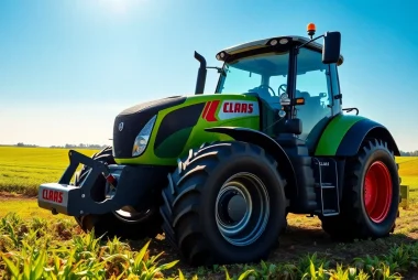 Claas Traktor auf einem sonnigen Feld, umgeben von landwirtschaftlichem Equipment