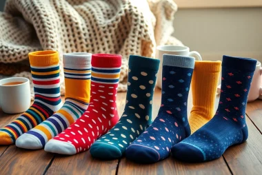 Colorful display of 5 Pairs Mixed Socks beautifully arranged on a rustic table with cozy elements.