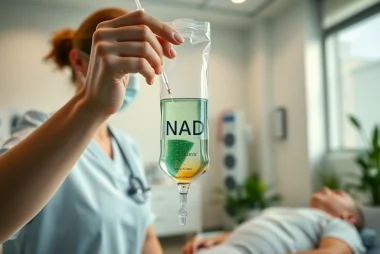 NAD IV therapy side effects illustrated with a nurse administering IV treatment in a calm clinic setting.
