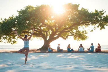 Empowering scene of individuals healing trauma through yoga and group therapy in a natural setting.