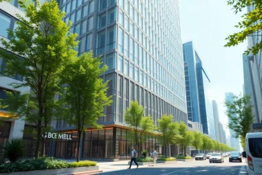 Visualisierung Architektur eines modernen Gebäudes in einer urbanen Umgebung mit lebendigen Details.