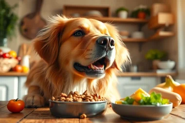 Golden retriever dog enjoying nature's blend dog food Canada in a sunlit kitchen.