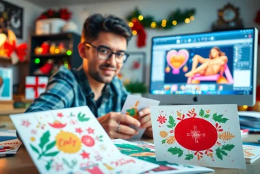 Showcasing vibrant holiday creations in Christmas card printing London at a graphic design studio.