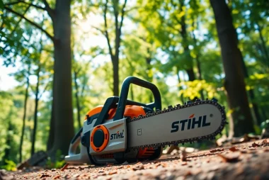 Stihl-Kettensäge in einer Waldumgebung mit natürlichem Licht und lebendigen Farben.