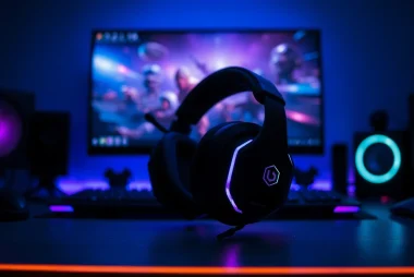 Gaming Headset showcased in a dynamic gaming setup with RGB lighting and vivid colors.
