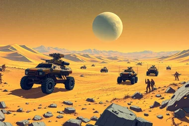 Experience exhilarating battles in Dune 2 game with retro landscapes and futuristic armored vehicles.