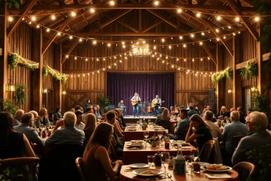 Guests enjoying a meal at a barn dinner theater while watching performers on stage, showcasing a cozy atmosphere.