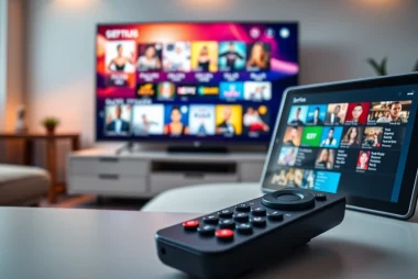 Comprar IPTV: Interfaz moderna de IPTV en TV con opciones vibrantes y diseño fácil de usar.
