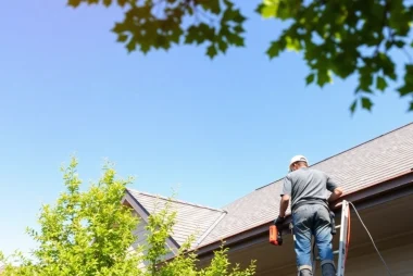 Install Roofing Vancouver Wa with a professional roofer working on shingles under a clear blue sky.